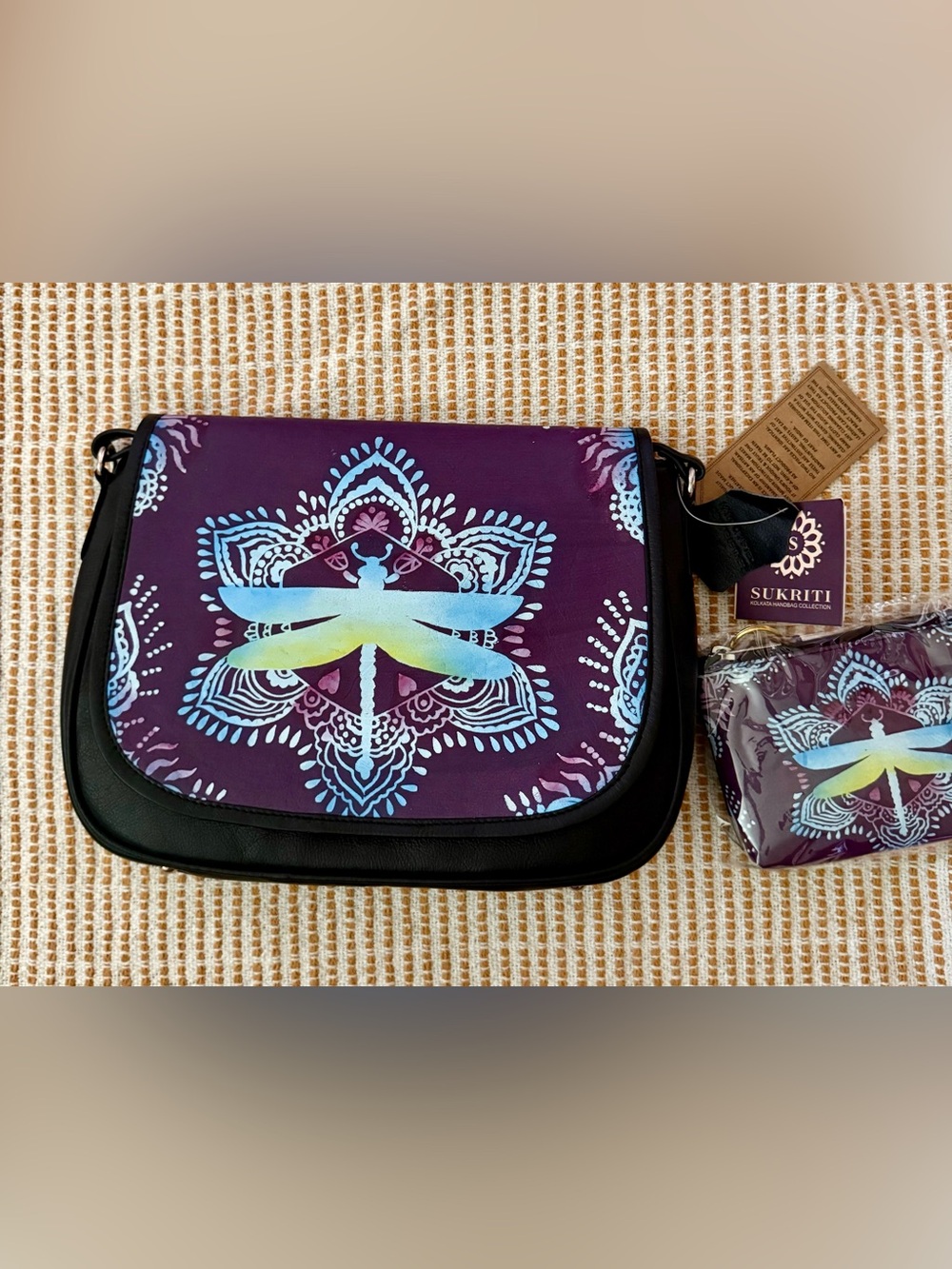 Sukriti Kolkata hand painted handbag with crossbody strap and matching pouch NWT